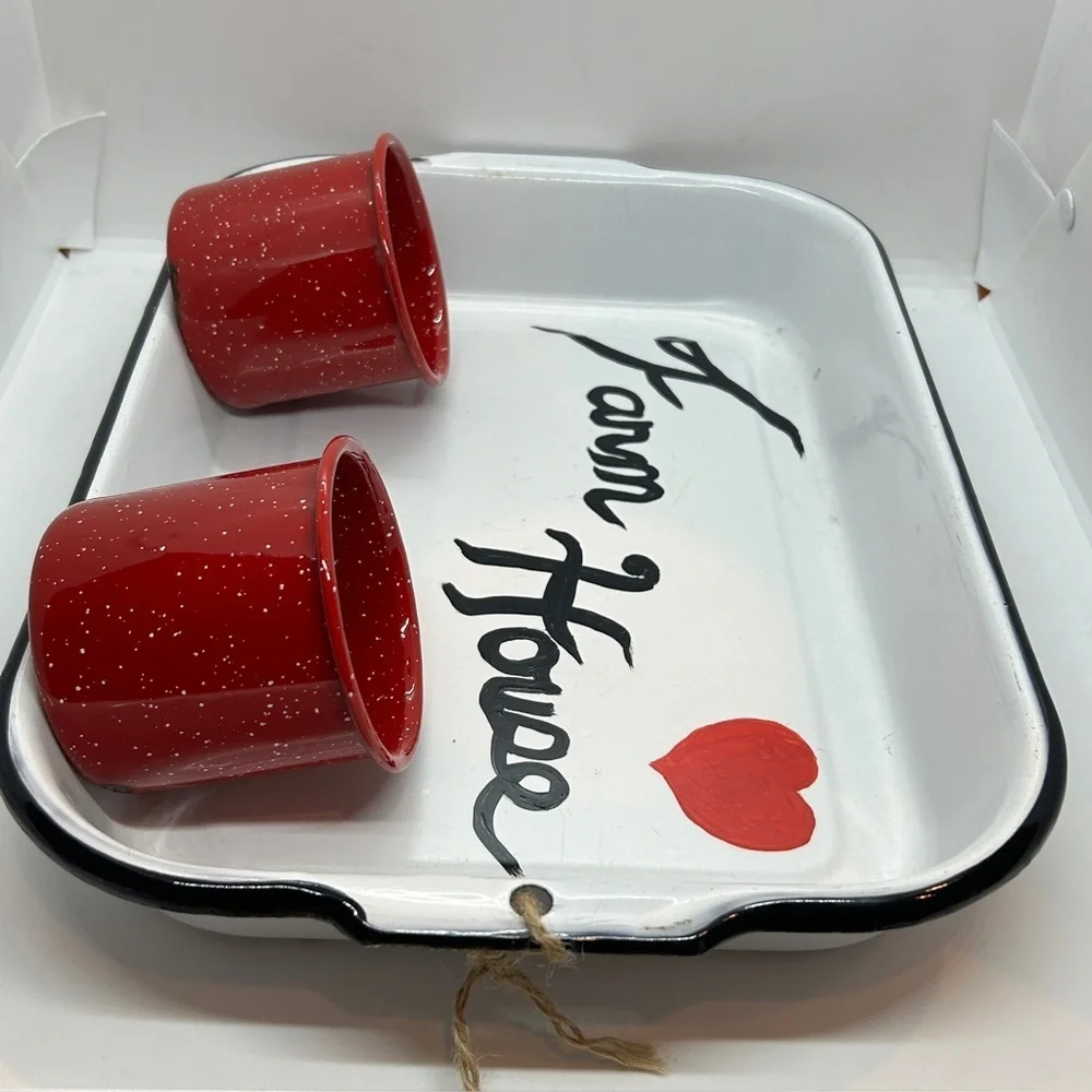 Red and White Farmhouse Enamel Tray decor Size 15.5 x 10.5 x 2.25 inches